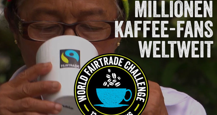 World Fairtrade Challenge Logo und Frau mit Kaffeetasse im Hintergrund
